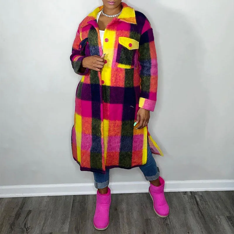 Plaid Pattern Long Sleeve Button Detailed Long Coat