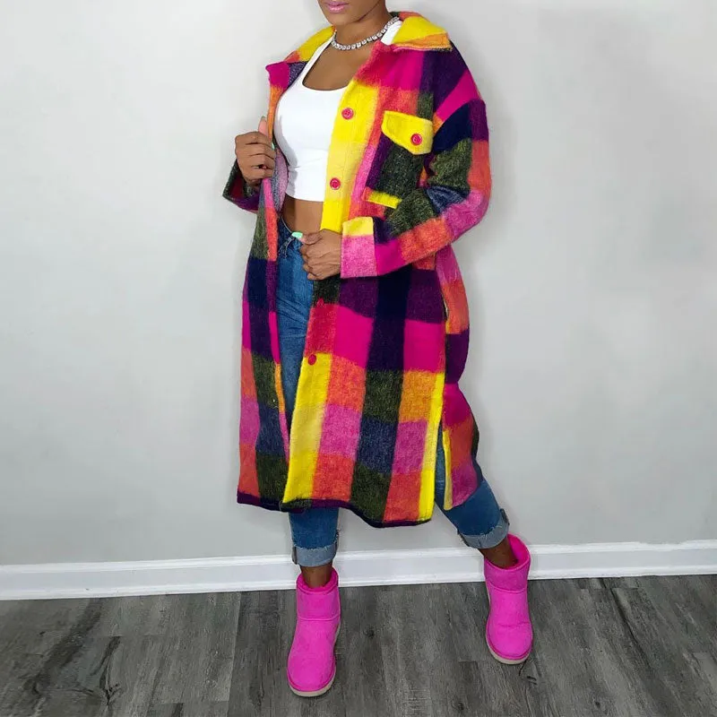 Plaid Pattern Long Sleeve Button Detailed Long Coat