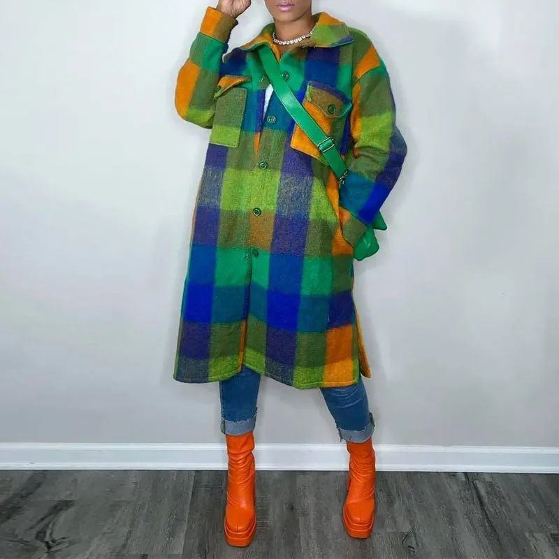 Plaid Pattern Long Sleeve Button Detailed Long Coat