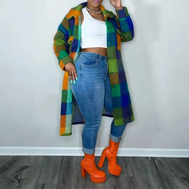 Plaid Pattern Long Sleeve Button Detailed Long Coat