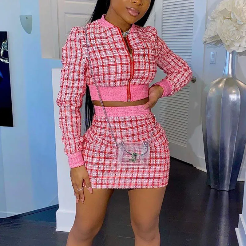 Plaid Pattern Zipper Design Two Piece Set