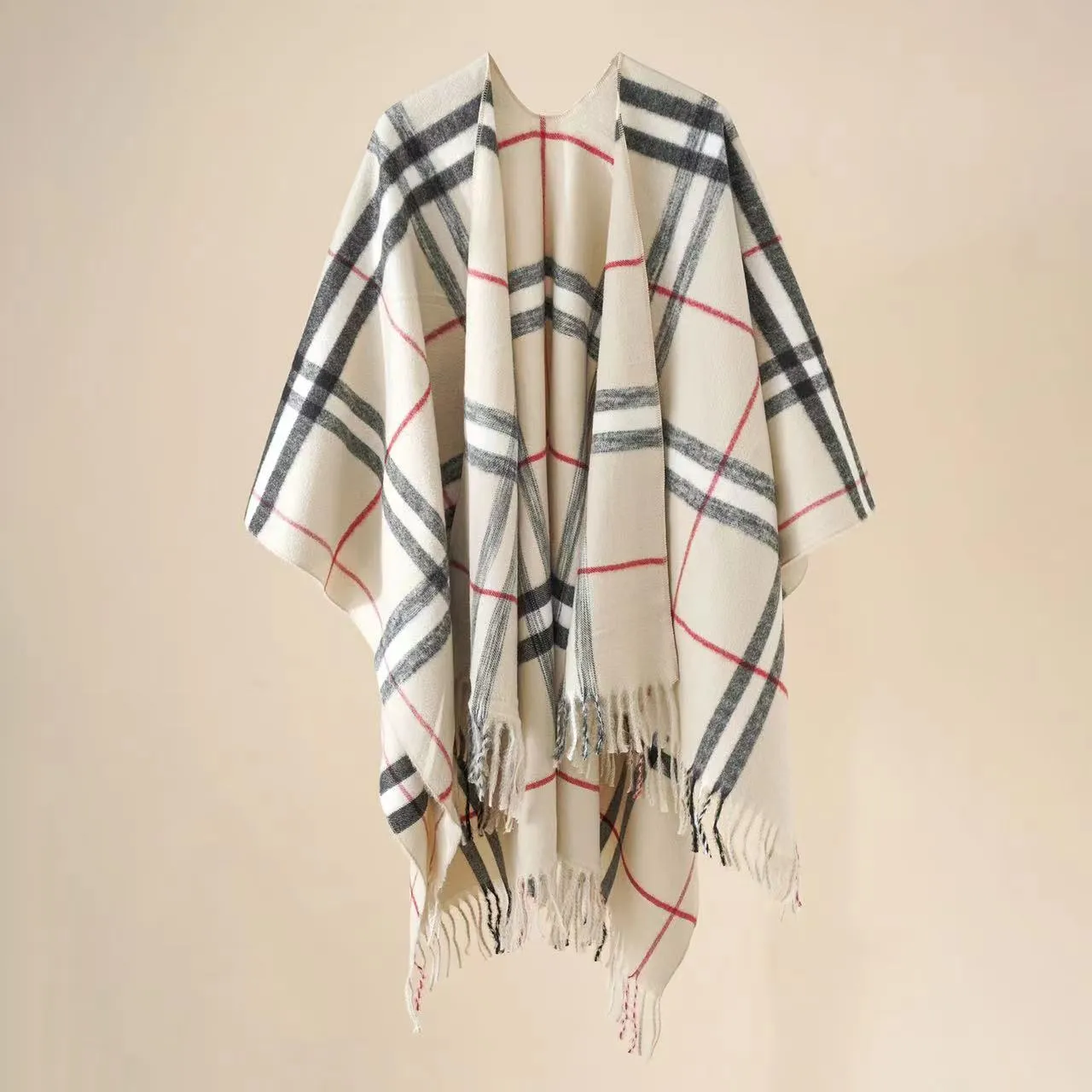 Plaid Printed Poncho with Tassel