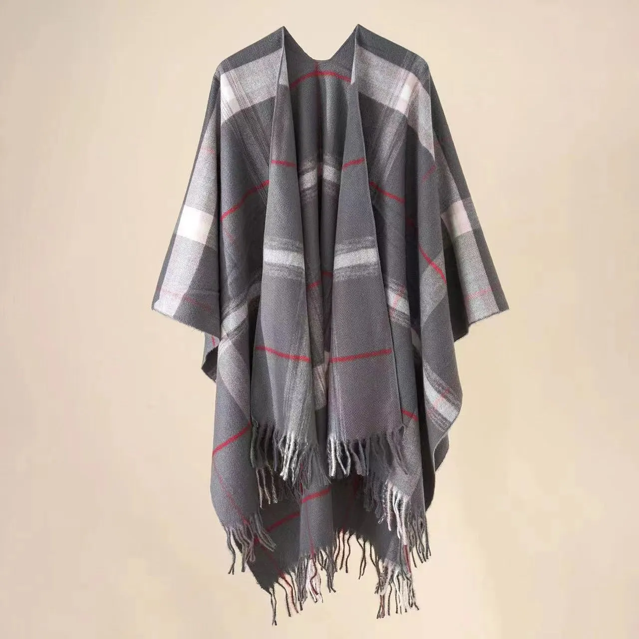 Plaid Printed Poncho with Tassel