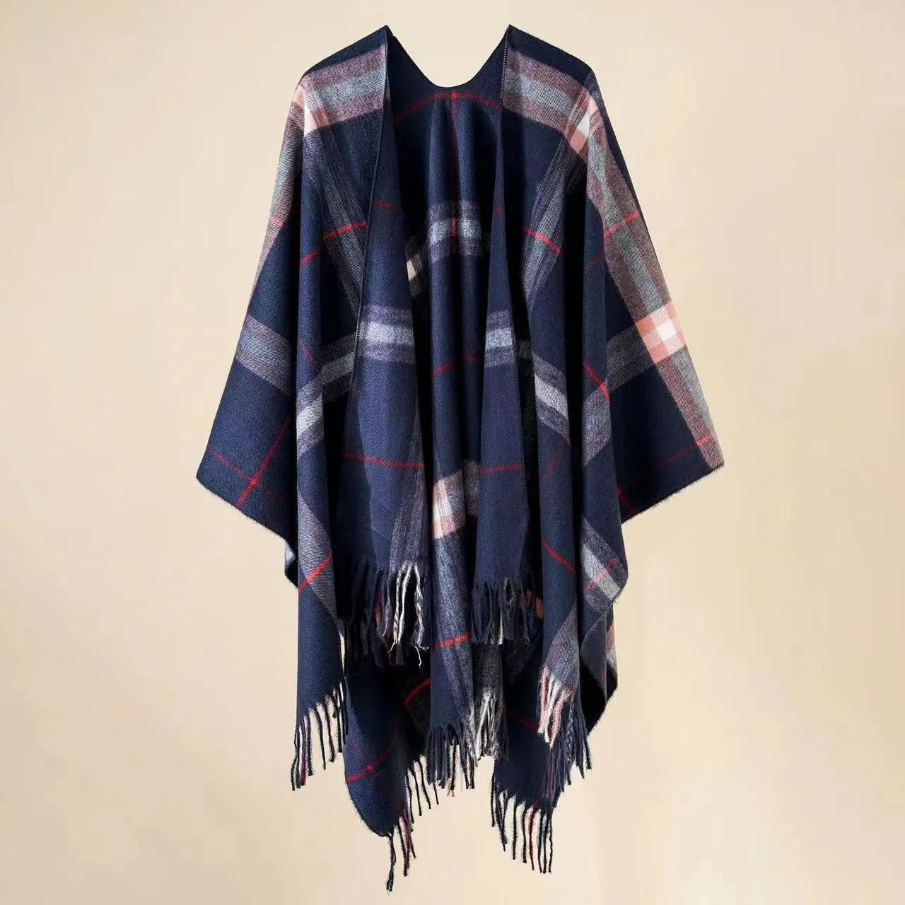 Plaid Printed Poncho with Tassel