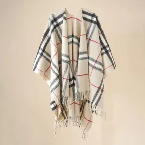 Plaid Printed Poncho with Tassel