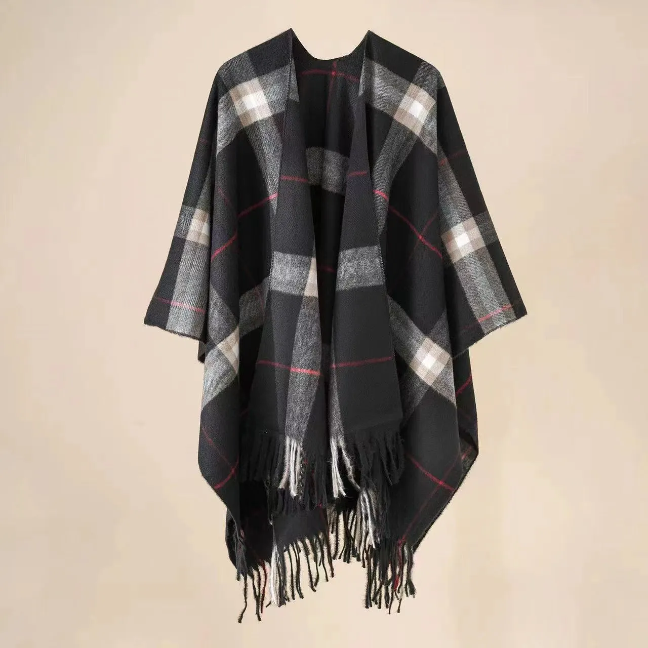 Plaid Printed Poncho with Tassel