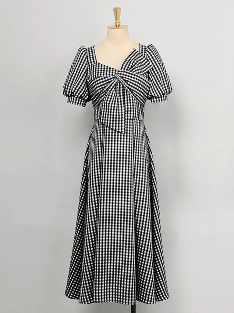 Plaid Short Sleeve Bow Cross Waist 1950S Vintage Dress
