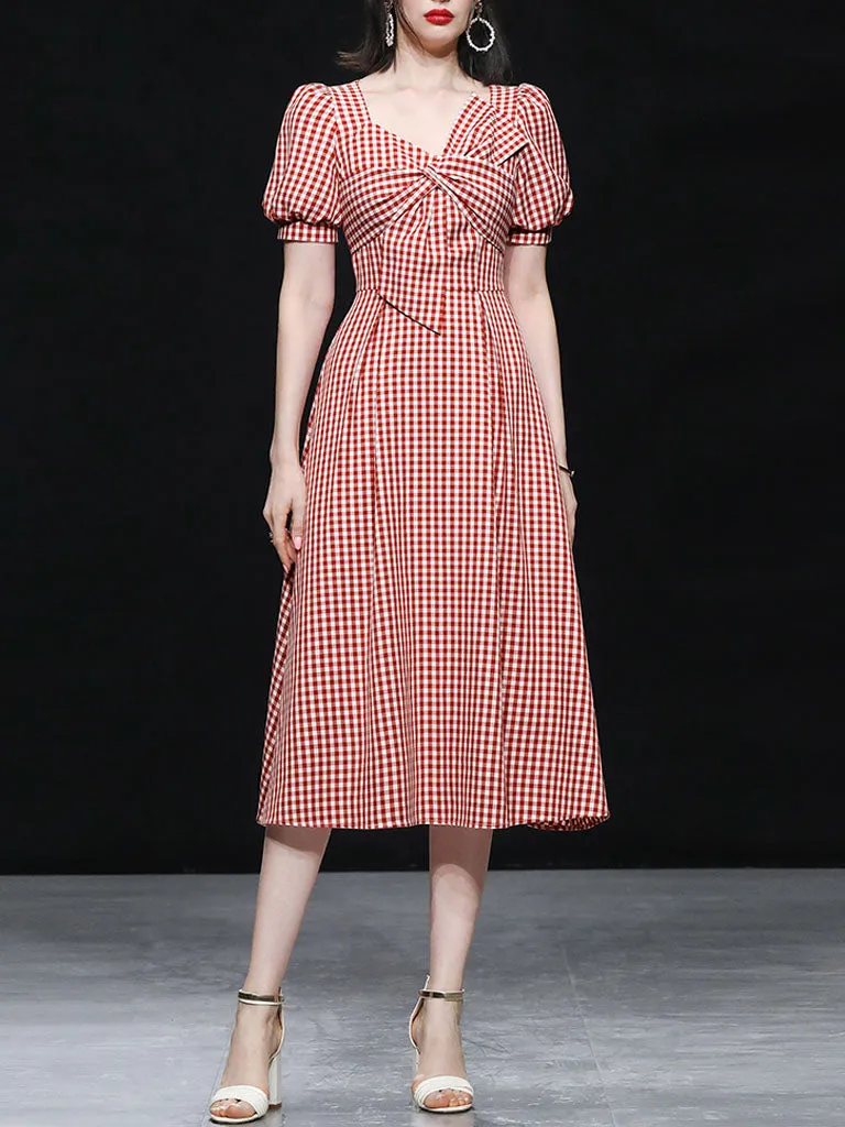 Plaid Short Sleeve Bow Cross Waist 1950S Vintage Dress