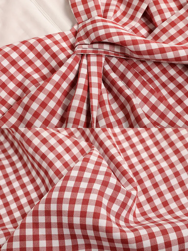 Plaid Short Sleeve Bow Cross Waist 1950S Vintage Dress