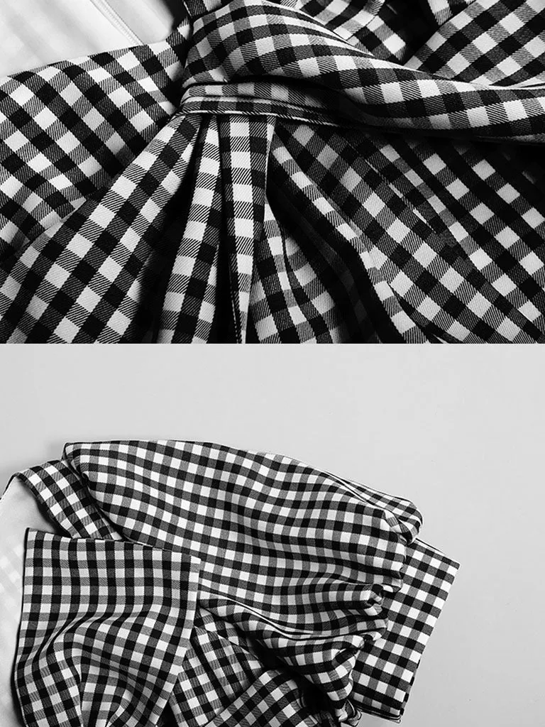 Plaid Short Sleeve Bow Cross Waist 1950S Vintage Dress