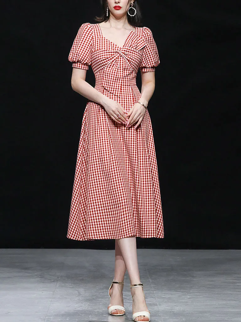 Plaid Short Sleeve Bow Cross Waist 1950S Vintage Dress