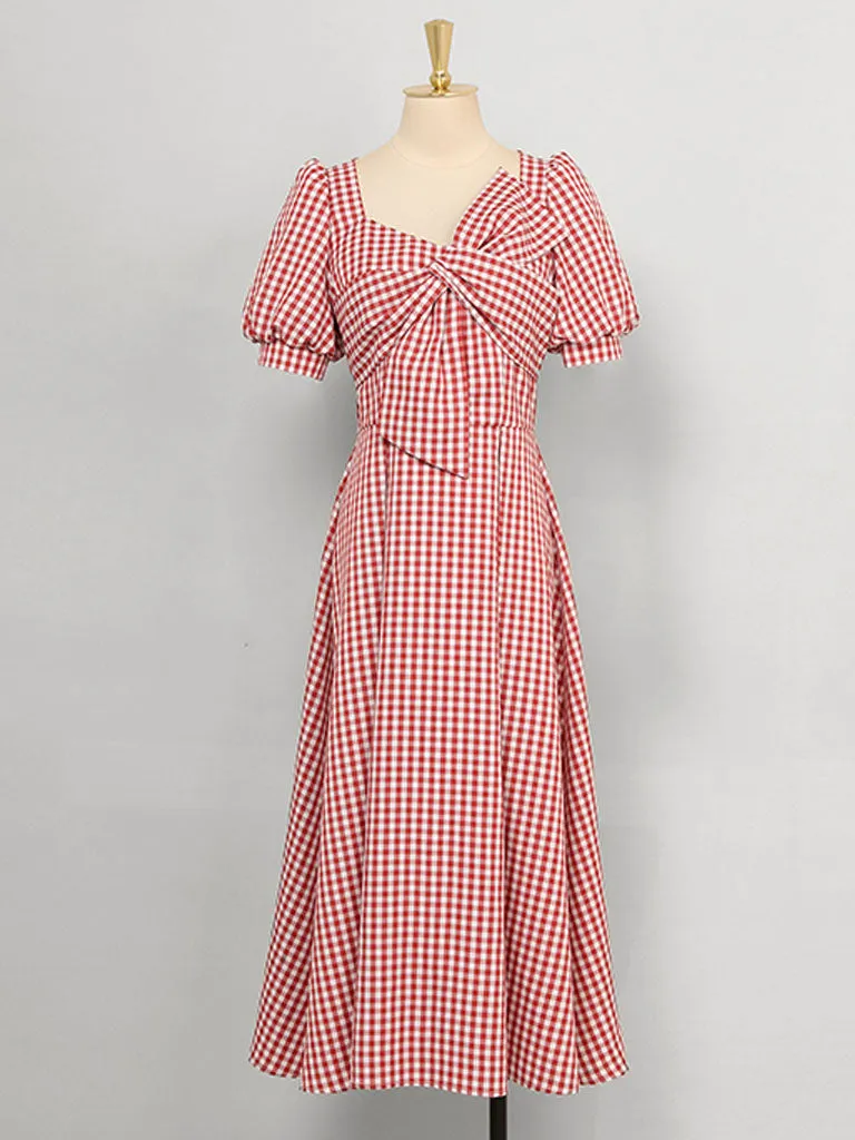 Plaid Short Sleeve Bow Cross Waist 1950S Vintage Dress