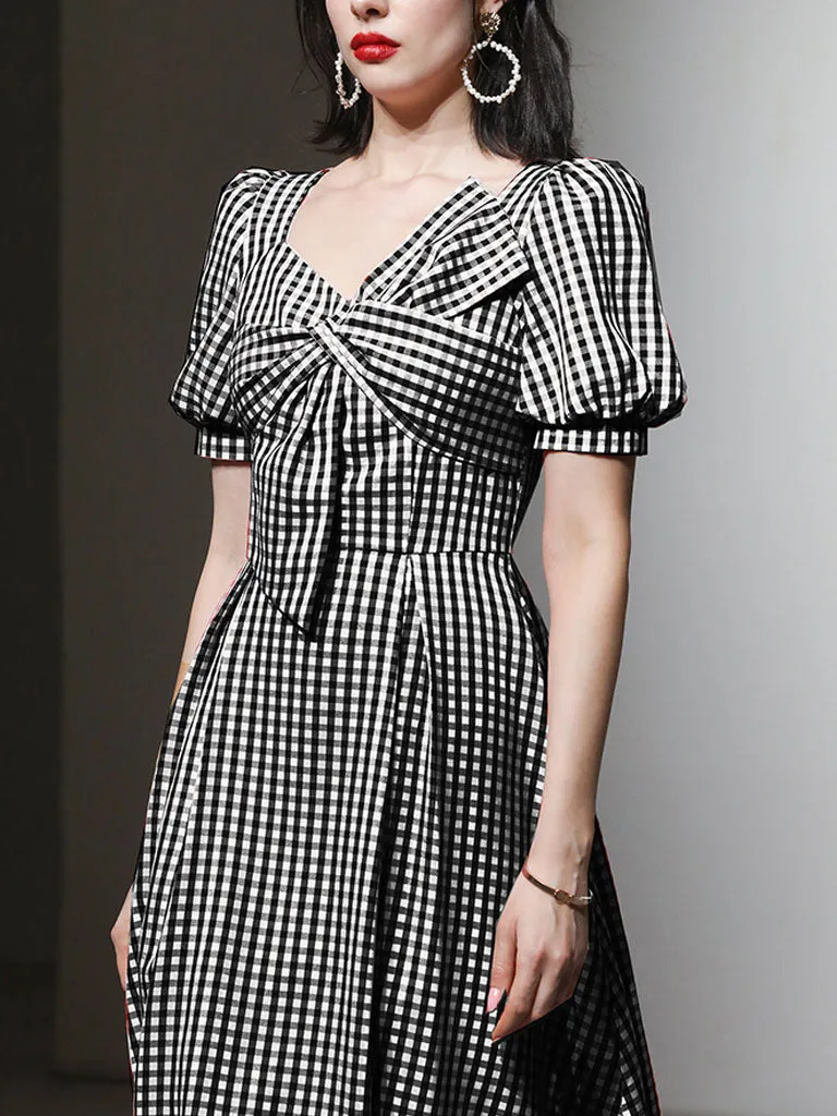 Plaid Short Sleeve Bow Cross Waist 1950S Vintage Dress