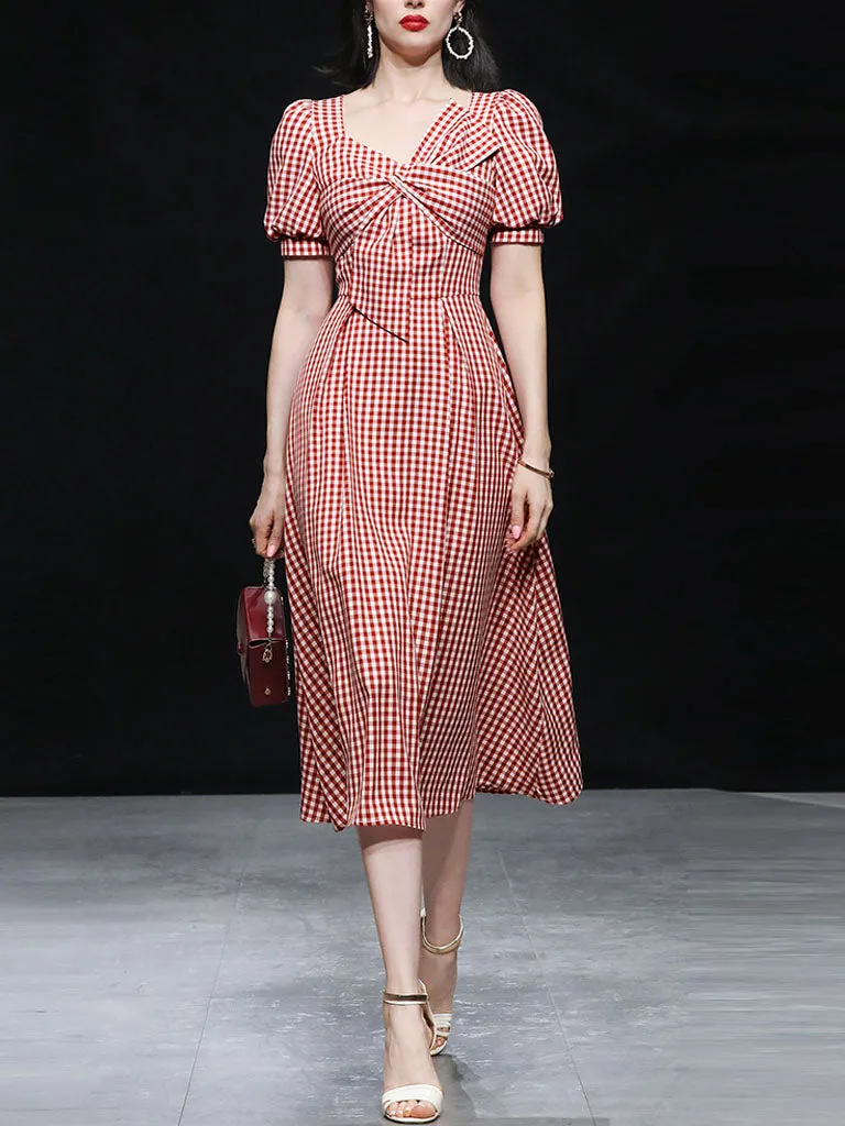 Plaid Short Sleeve Bow Cross Waist 1950S Vintage Dress