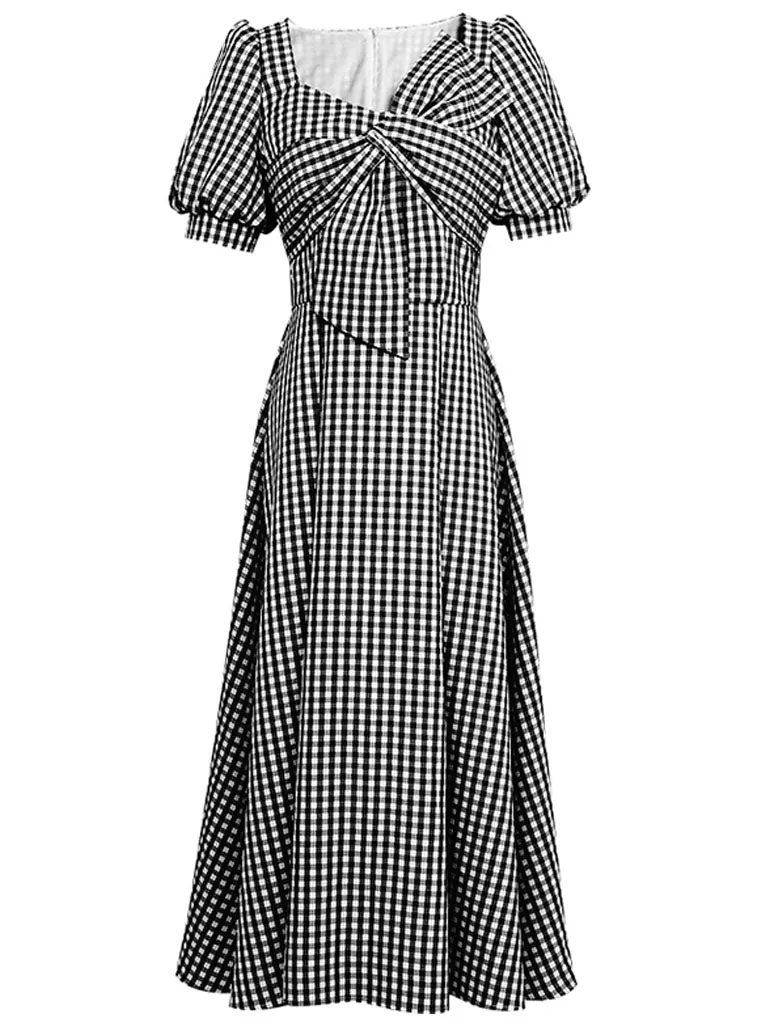 Plaid Short Sleeve Bow Cross Waist 1950S Vintage Dress
