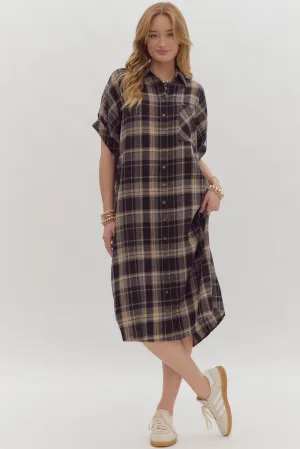 Plaid Short Sleeve Buttoned Midi Dress {Black}