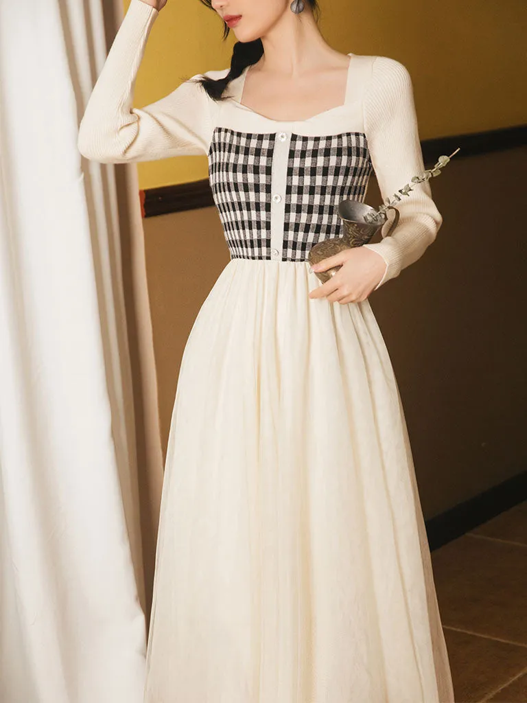 Plaid Sweater With Pleats Swing Tulle Dress 1950S Hepburn Style Outfits