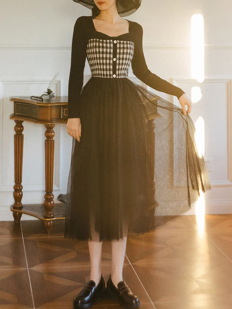 Plaid Sweater With Pleats Swing Tulle Dress 1950S Hepburn Style Outfits