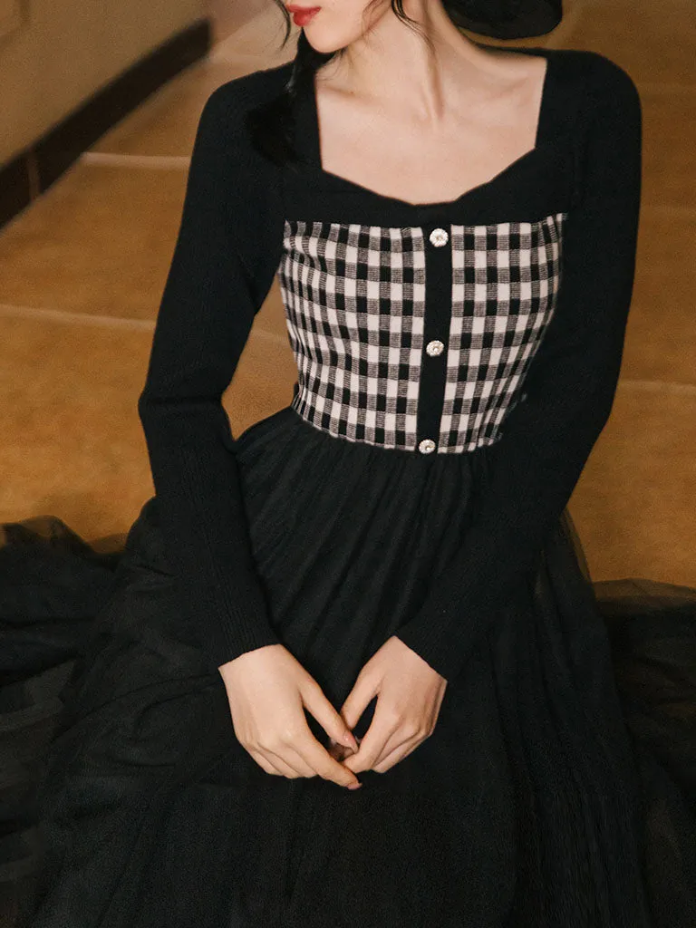 Plaid Sweater With Pleats Swing Tulle Dress 1950S Hepburn Style Outfits