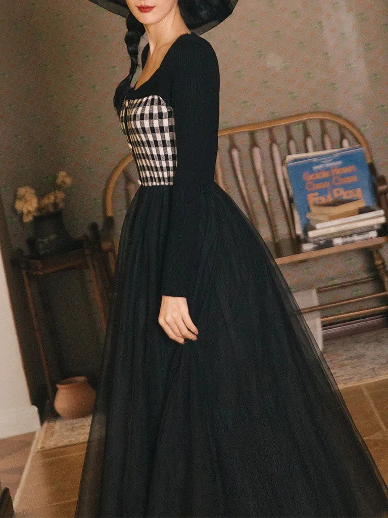 Plaid Sweater With Pleats Swing Tulle Dress 1950S Hepburn Style Outfits