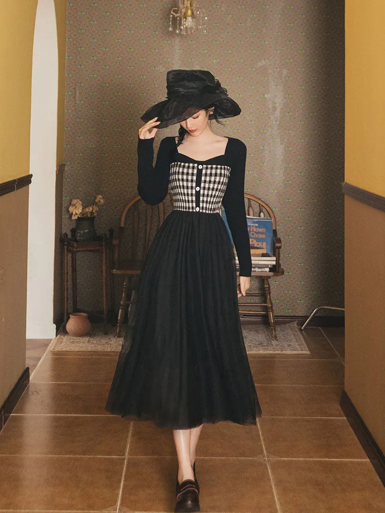 Plaid Sweater With Pleats Swing Tulle Dress 1950S Hepburn Style Outfits