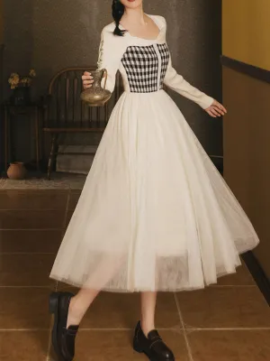Plaid Sweater With Pleats Swing Tulle Dress 1950S Hepburn Style Outfits