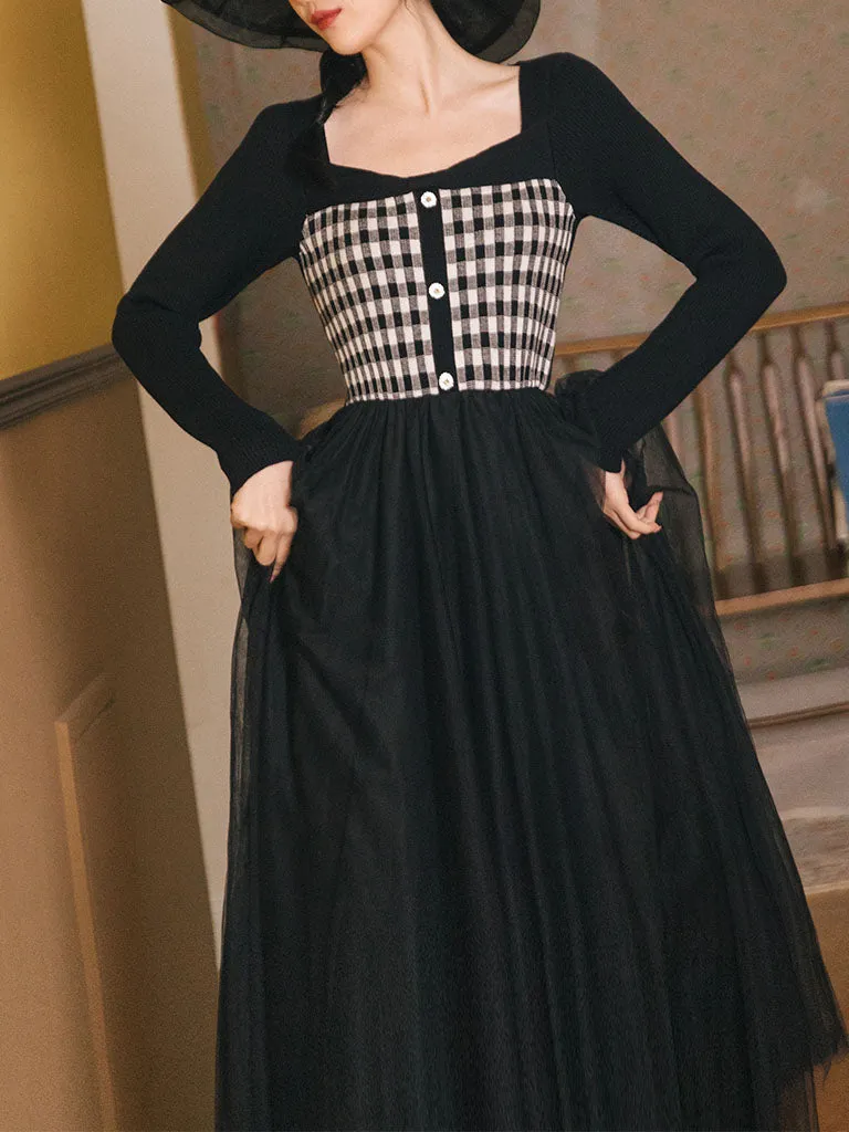 Plaid Sweater With Pleats Swing Tulle Dress 1950S Hepburn Style Outfits