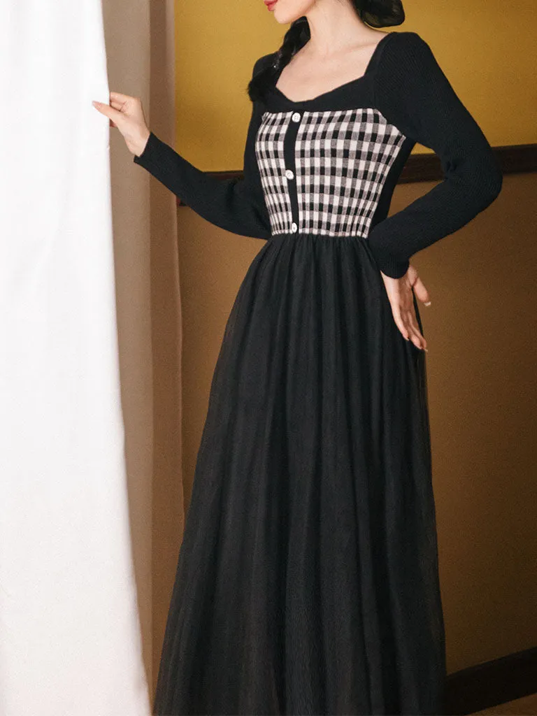 Plaid Sweater With Pleats Swing Tulle Dress 1950S Hepburn Style Outfits