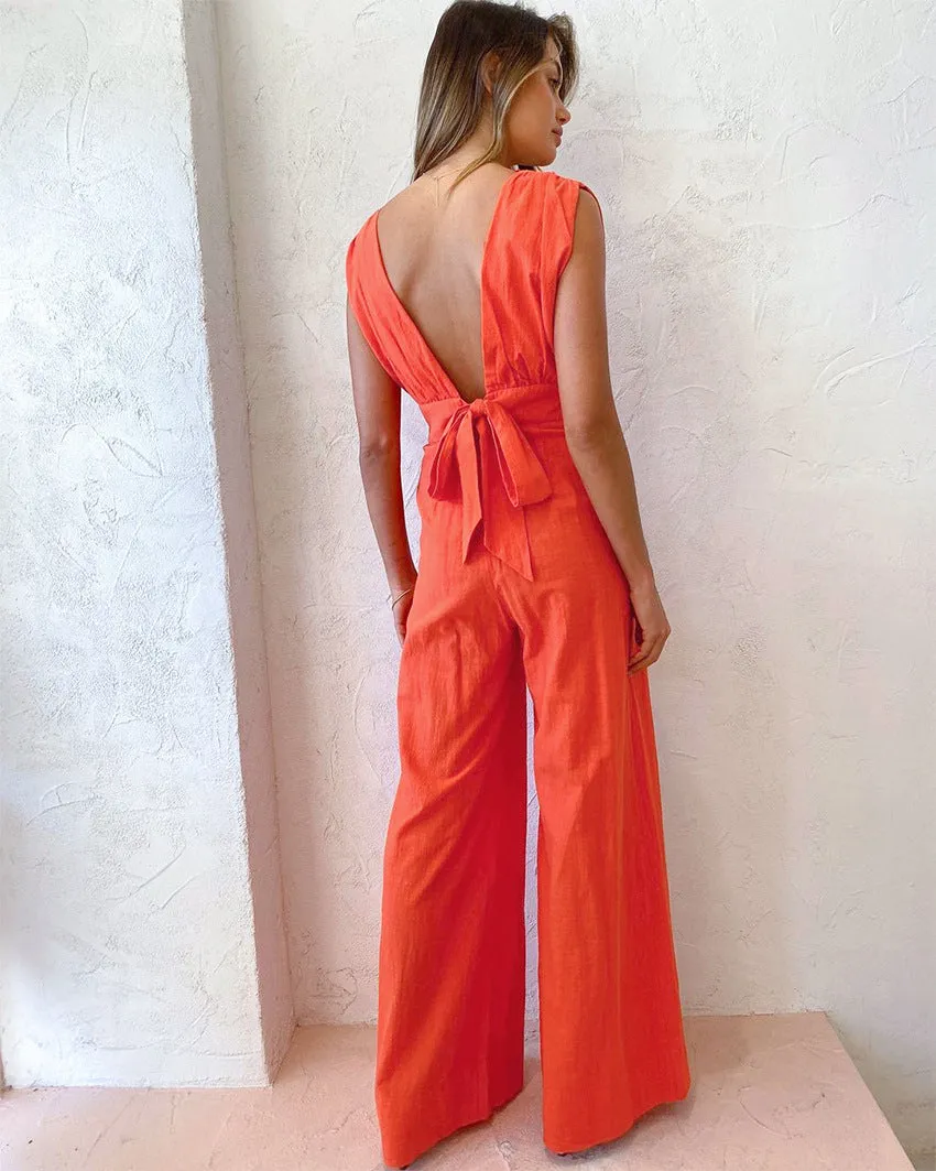 Plunging Neck Backless Wide-leg Jumpsuits