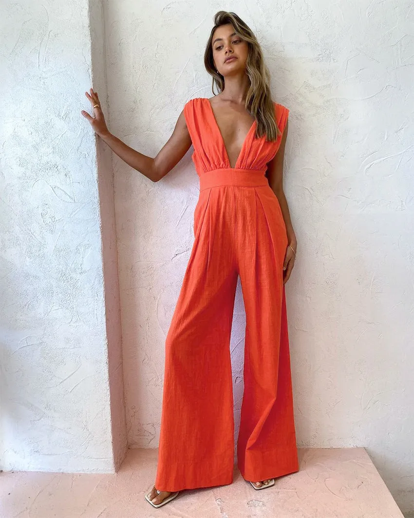 Plunging Neck Backless Wide-leg Jumpsuits