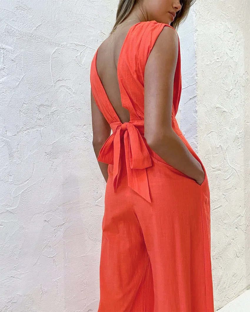 Plunging Neck Backless Wide-leg Jumpsuits