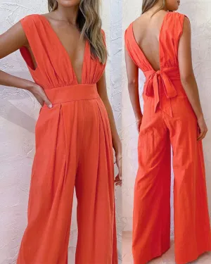Plunging Neck Backless Wide-leg Jumpsuits