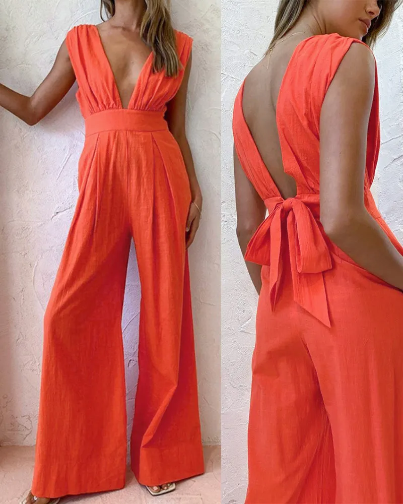 Plunging Neck Backless Wide-leg Jumpsuits