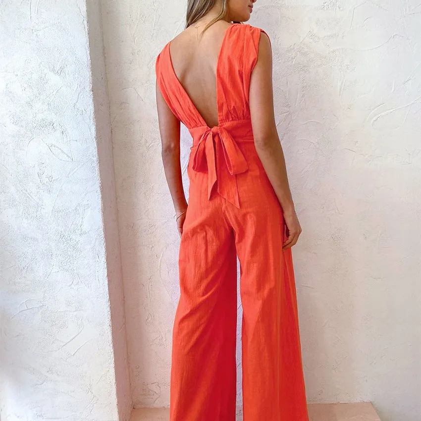 Plunging Neck Backless Wide-leg Jumpsuits