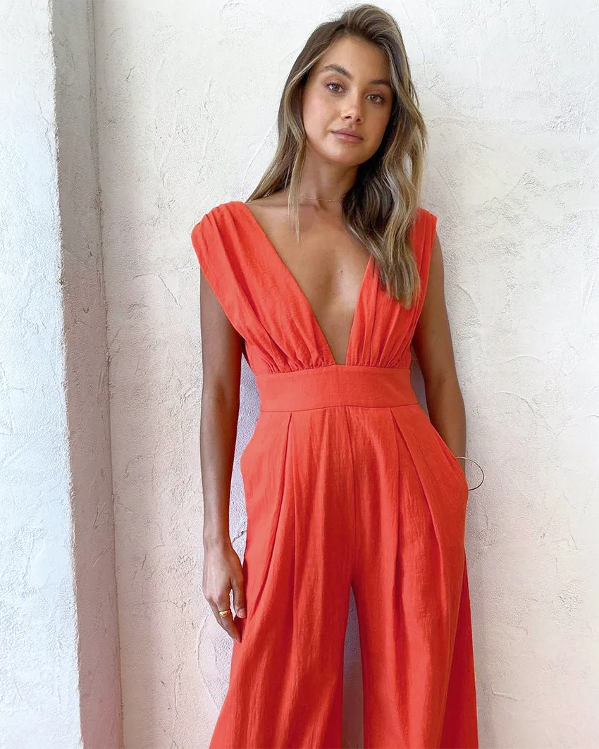 Plunging Neck Backless Wide-leg Jumpsuits