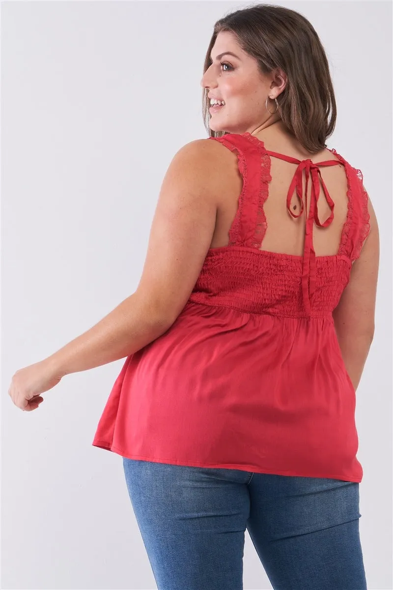 Plus Lace Trim Sleeveless Gathered Front With Self-tie Drawstring Top