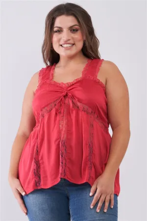 Plus Lace Trim Sleeveless Gathered Front With Self-tie Drawstring Top