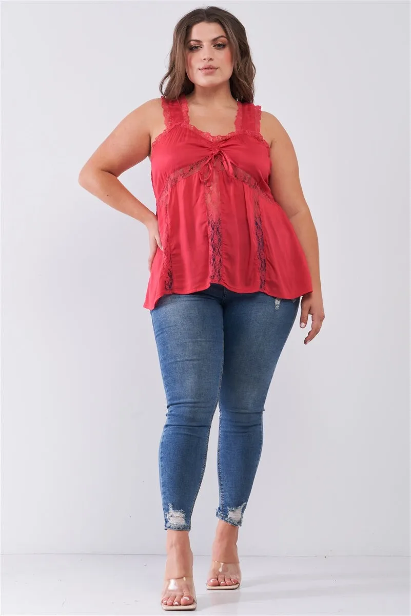 Plus Lace Trim Sleeveless Gathered Front With Self-tie Drawstring Top