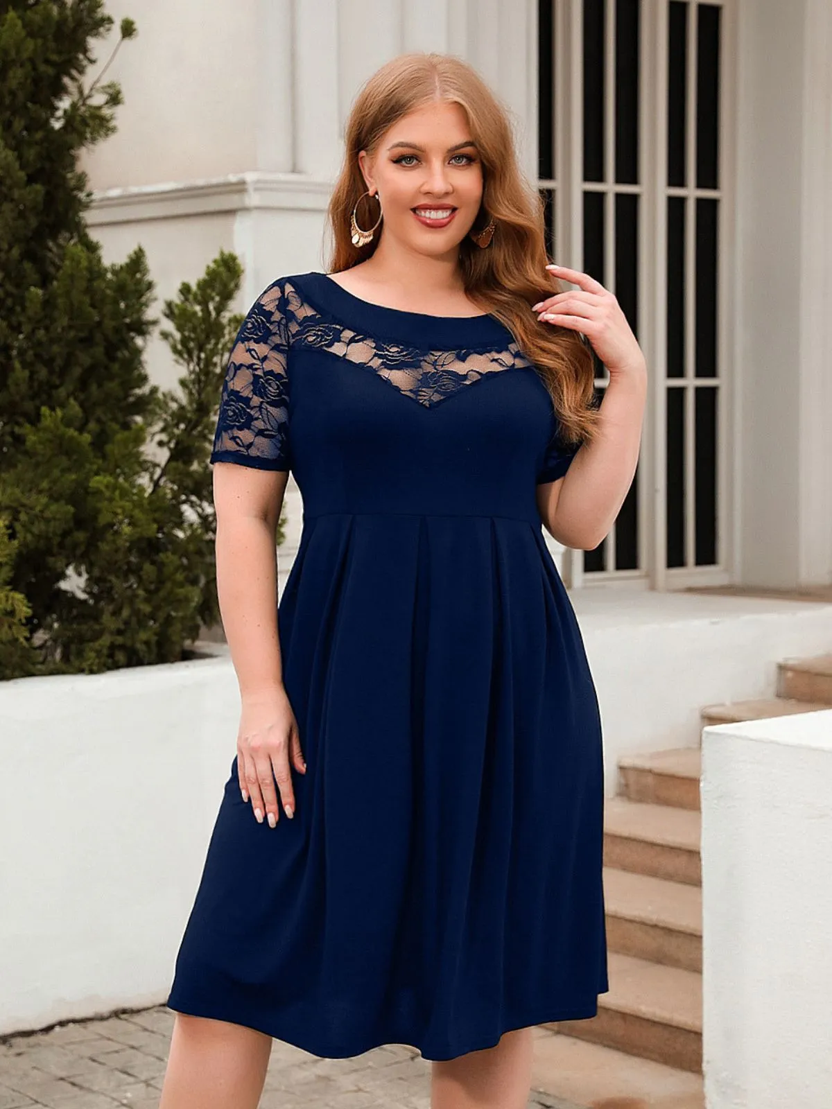 [Plus Size] 1940s Hollow Lace Solid Dress