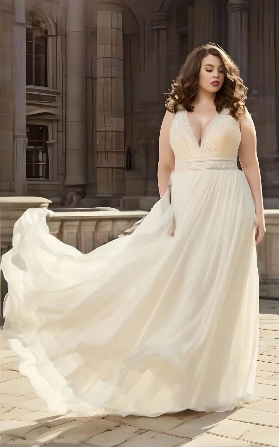 Plus Size A-Line Chiffon Lace Sleeveless Wedding Dress 2023 Simple Casual Sexy Bohemian Elegant Floor-length Sweep Train-MW_760015