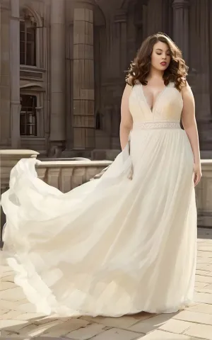 Plus Size A-Line Chiffon Lace Sleeveless Wedding Dress 2023 Simple Casual Sexy Bohemian Elegant Floor-length Sweep Train-MW_760015