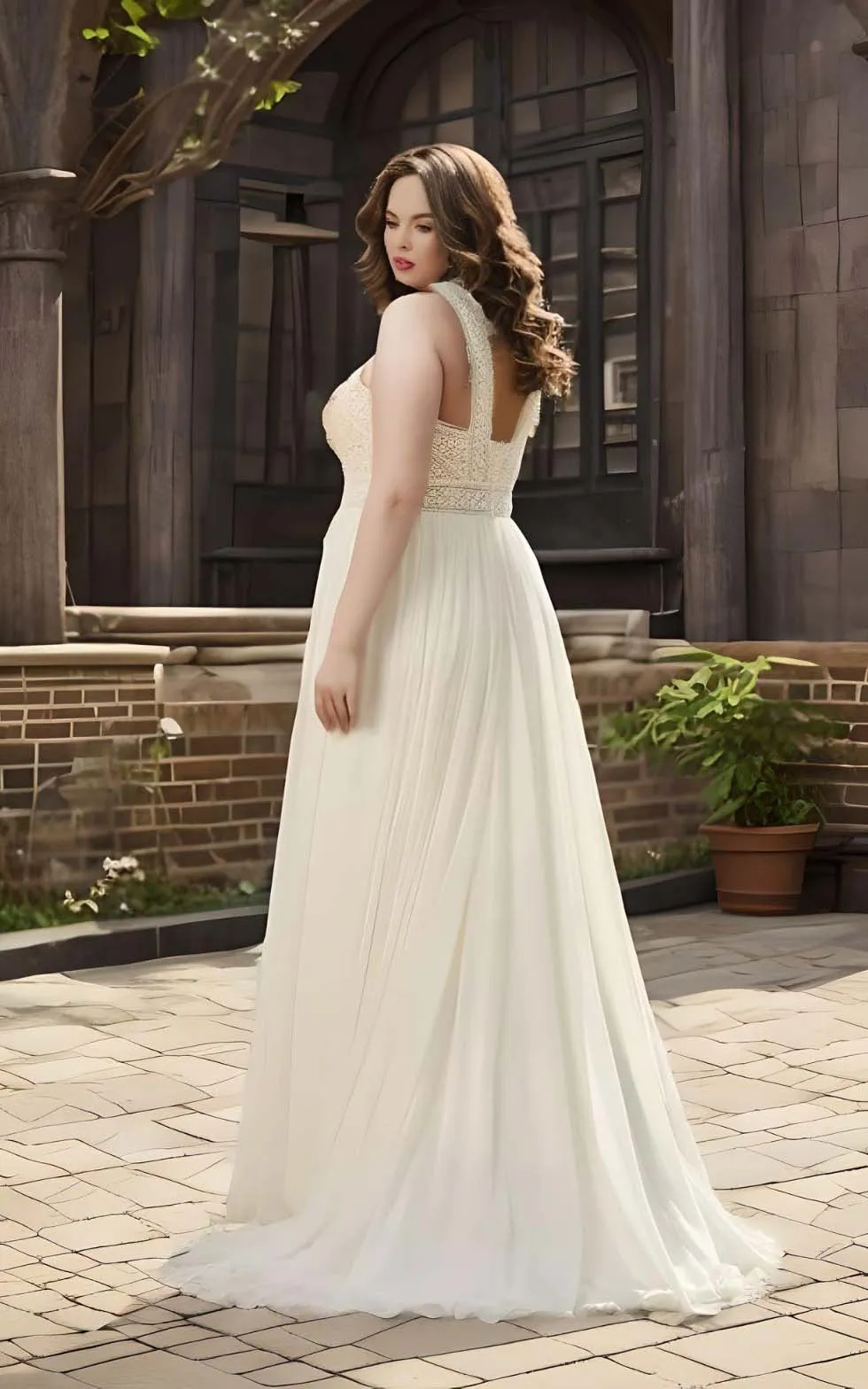 Plus Size A-Line Chiffon Lace Sleeveless Wedding Dress 2023 Simple Casual Sexy Bohemian Elegant Floor-length Sweep Train-MW_760015