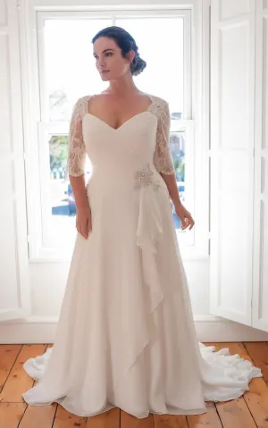 Plus Size A-Line V-Neck Half Sleeve Lace Sleeve Chiffon Dress with Sweep Train-714716