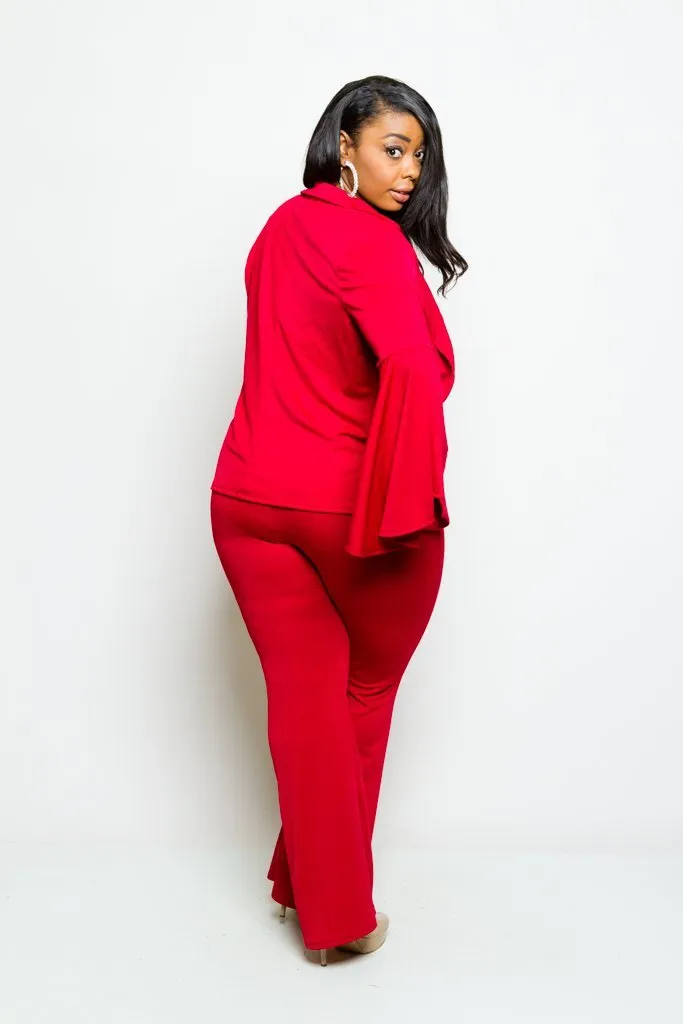 Plus Size Bell Sleeve Blazer and Pants Set