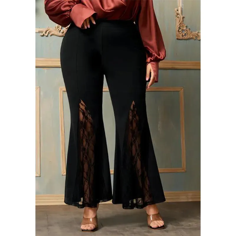 Plus Size Casual Black High Waist Lace Flare Leggings Sexy