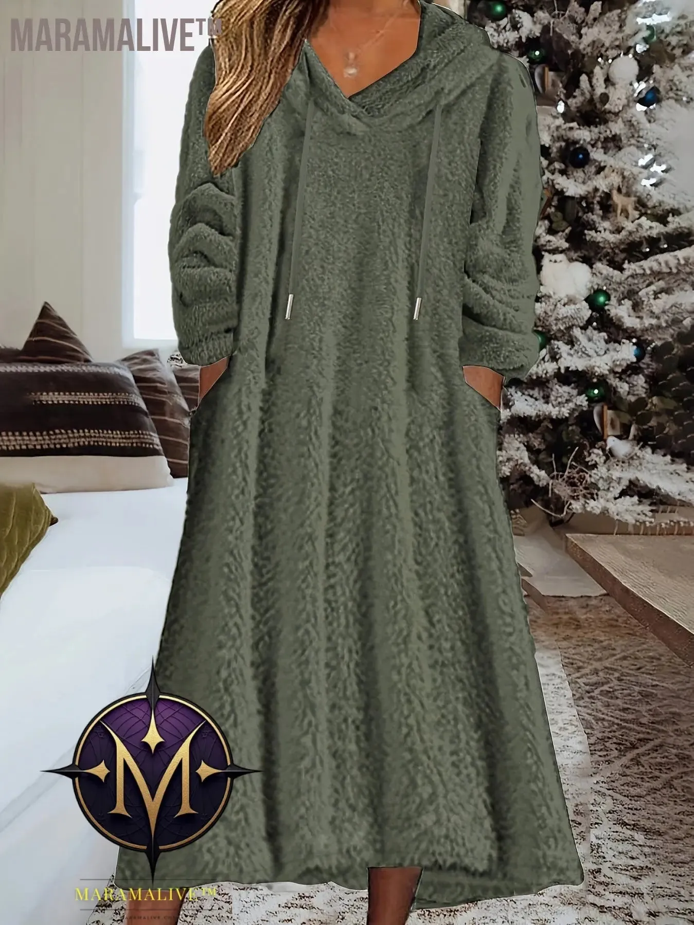Plus Size Casual Dress, Women's Plus Solid Fleece Long Sleeve Drawstring Hooded Dress With Pockets