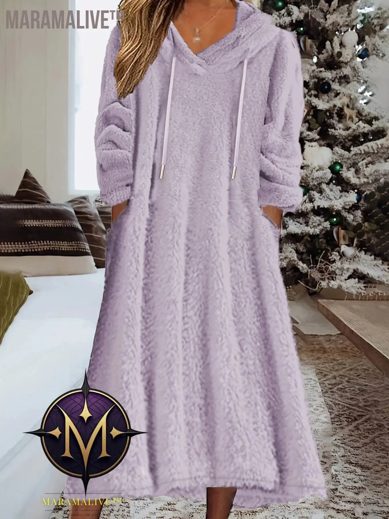 Plus Size Casual Dress, Women's Plus Solid Fleece Long Sleeve Drawstring Hooded Dress With Pockets