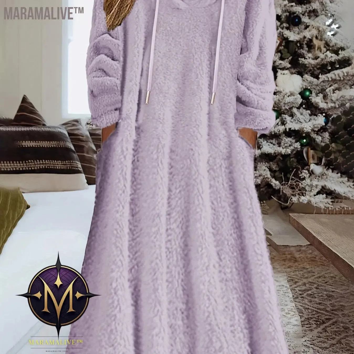 Plus Size Casual Dress, Women's Plus Solid Fleece Long Sleeve Drawstring Hooded Dress With Pockets