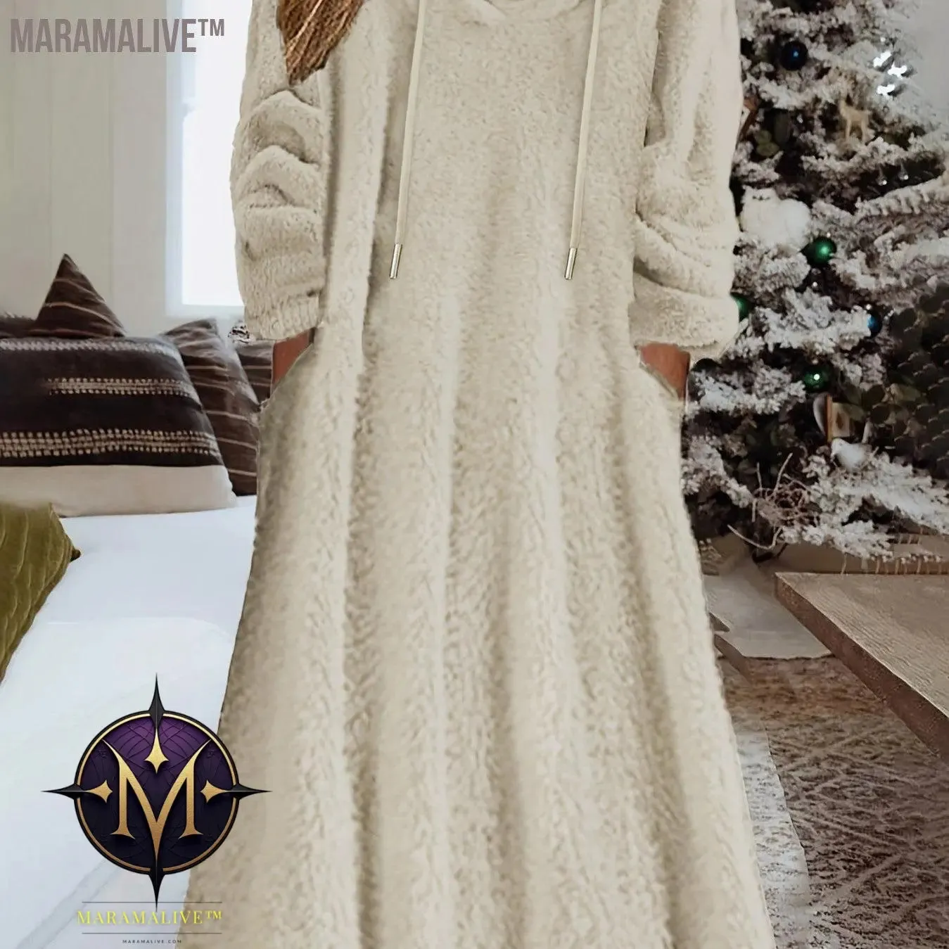 Plus Size Casual Dress, Women's Plus Solid Fleece Long Sleeve Drawstring Hooded Dress With Pockets