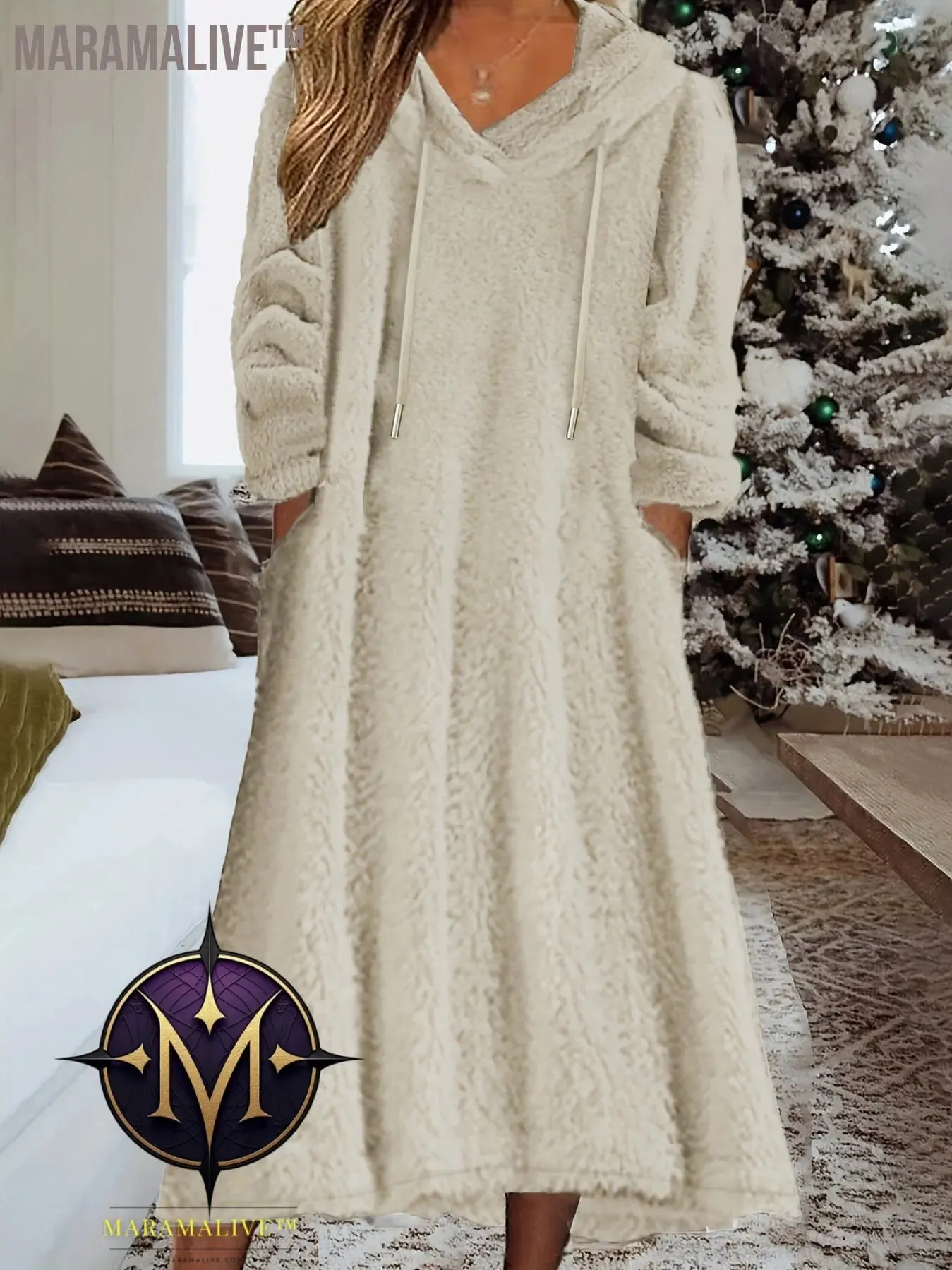 Plus Size Casual Dress, Women's Plus Solid Fleece Long Sleeve Drawstring Hooded Dress With Pockets
